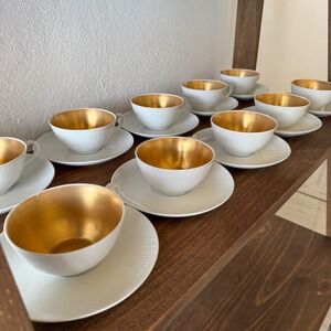 Dorothy C Thorpe Gold Wash Teacup And Saucer Set Of 10 White Textured California